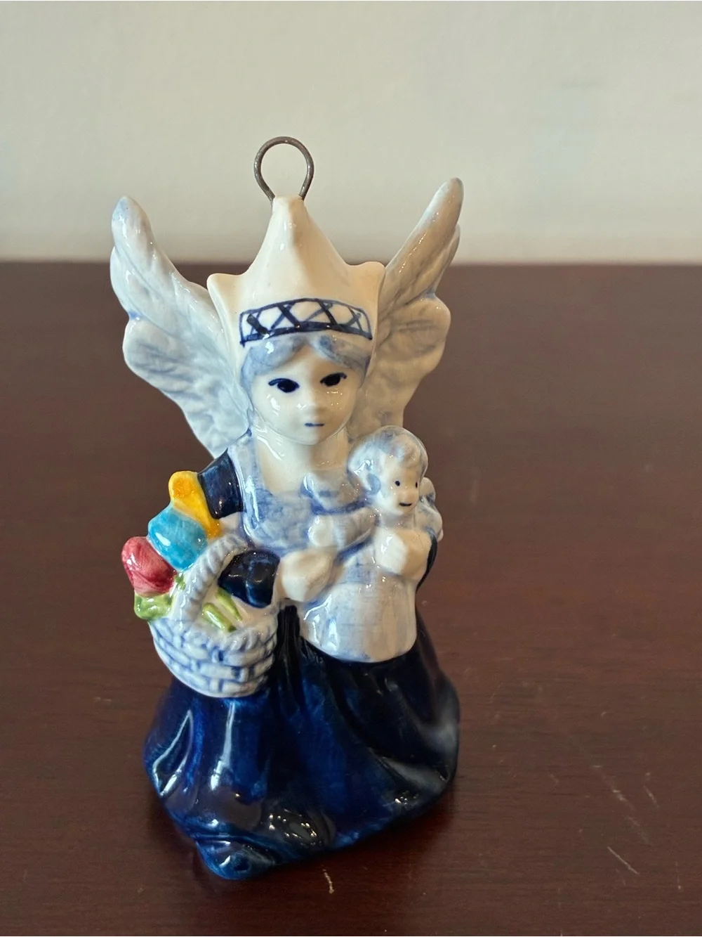 Vintage Delft Style Dutch Boy & Girl Angel Porcelain Christmas Ornaments Pair